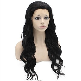 Mxangel Long Wavy Celebrity Lace Front Wig Half Hand Tied Heat Resistant Fiber Black Synthetic Hair Wig