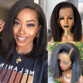 180% Density Kinky Straight Wig Human Hair 13x4 HD Lace Front Wigs Human Hair Wigs For Black Women Yaki Straight Human Hair Wig Glueless Frontal Wigs Human Hair Pre Plucked Bob Wig (14 INCH)