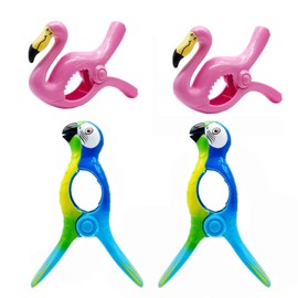 CAVLA 4 Pcs Beach Towel Clips, Lounge Chairs Clips, Flamingo Parrot Towel Clips for Beach Chairs, Strong Towel Clips for Keep Your Cloth or Towel from Blowing, Cruise Beach Patio, Pool Accessories