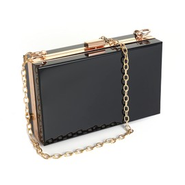 WJCD Women Clear Purse Acrylic Box Clutch Handbag, Small Transparent Crossbody Evening Bag Stadium Approved Gold Chain Strap (Black)