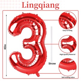 Red Number Balloons - 40 Inch Foil Mylar Helium Balloons for Girls Women, Self Inflating 0-9 for Men Boys, 13th 30th Birthday Anniversary Party Decoration