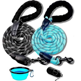 Wolfi Set de 2 Correas para Perro de 1.5 M con Mango Acolchado y Costuras Reflejantes para Perros, Incluye dispensador de Bolsas para excremento de Perro y Plato Plegable (Negro y Azul)