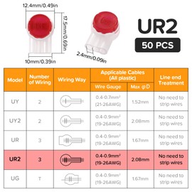 Lyeteung 50 pieces UR2 cable connector, UR2 splicing connector, buttons telephone cable connector, 3-way gel telephone cable connector, single wire connector, for cable data wire connections, red
