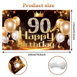 Happy 90th Birthday Banner, Black Gold 90th Birthday Decorations for Men Women Extra large Birthday Sign Poster Photo Booth Background Banner for 90th Birthday Party 70.8 X 43.3in