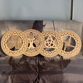 Celtic Symbol Wall Decor 12 Inch Wooden Sacred Geometry 4 Piece Set Tree of Life Celtic Cross Knot Triple Spiral Symbol Nordic Celtic Rune Irish Wall Art
