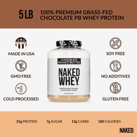 Naked Nutrition Naked Whey Chocolate Peanut Butter Grass Fed Whey Protein Powder, No GMO, No Soy, and Gluten Free, Aid Growth and Recovery - 52 Servings
