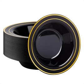 Goodluck 50 Pack Black Plastic Bowls with Gold Rim, 12oz Disposable Soup Bowls, Heavy Duty Dessert Bowls for Weddings, Parties, Dinners, Catering, and New Year