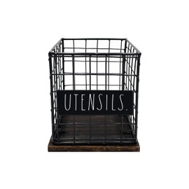 Rae Dunn Utensil Caddy - Silverware Holder, Cutlery Caddy for Fork, Knife and Spoon - Rustic Farmhouse Metal Grid-Iron Frame - Kitchen Organizer and Countertop Space Saver for Flatware