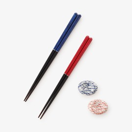 Afternoon Tea Living HC86 Wakasa Lacquer Antibacterial Couple Chopsticks & Mino Ware Chopsticks Rest Set, Blue