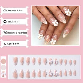 Press on Nails Short - 24Pcs Almond Pink Artificial Fake Nails with 3D Bow Tie Pearl Stick On Nails with French Tip False Nails with Glue Acrylic Reusable Press On False Nails Kit for Women Girls