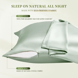 THXSILK Mulberry Silk Pillowcase Standard Size, Set of 2 Pillowcases, Pillow Cover with Hidden Zipper, Soft Smooth Cooling Pillowcases for Hair and Skin, Gift for Women Men, Mint Green