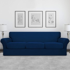 Easy-Going 4 Pieces Oversized Stretch Soft Couch Cover for Dogs - Washable Sofa Slipcover for 3 Separate Cushion Couch - Elastic Furniture Protector for Pets, Kids Navy