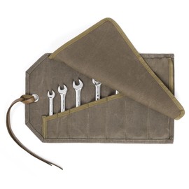 Wrench Set Roll, Heavy Duty 16 oz Waxed Canvas Tool Organiser Case, Portable Small Wrench Roll Pouch with 7 Pockets, Metric & SAE Grey