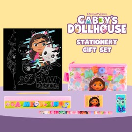 Gabby's Doll House Writing Paper Set, Includes Pencil Case, Ruler, Eraser, Pencil Sharpener and Scratch Paper, Colouring, Stationery Set Gift for Girls