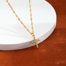JECOMY Cross Necklace for Women, Dainty 14K Gold Cubic Zirconia Pendant Cross Necklaces Simple Cute Tiny Gold Jewelry
