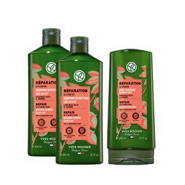 YVES ROCHER - Kit Shampoo y Acondicionador Reparación Capilar, Con Aceite de Jojoba, 94% menos quiebre, Para Cabello Seco y Dañado, Fórmula Vegana, Incluye 3 piezas