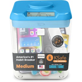 Cell Phone Lock Box w/Timer - Phone Jail Timed Lock Box - KSafe Time Lock Box for Snacks, Food & Cell Phone - Safe Box w/Timer & Snack Lock Box (Medium, Blue Lid + 5.5” Clear Base w/Access Port)