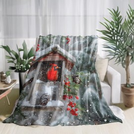 zbezbe Red Cardinal Flannel Blanket Festive Winter Bird Snowy Birdhouse Throw Blankets Lightweight Fluffy Shaggy for Party Chair Bed Sofa Camping Travel,Home Christmas Decor,Gifts Women,50x60in