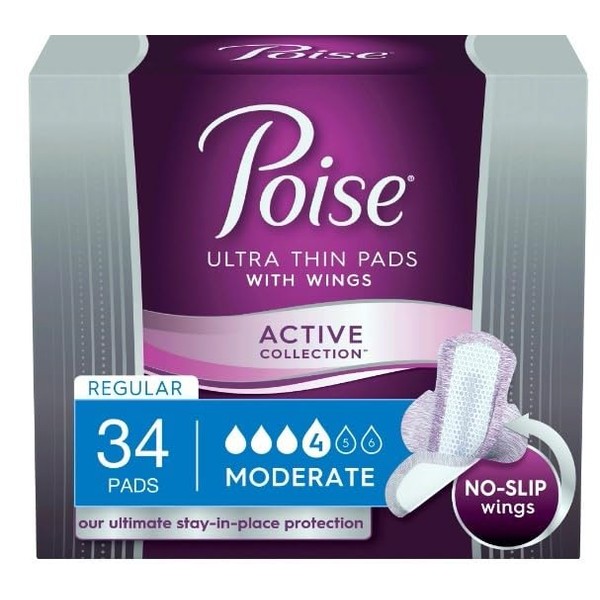 Poise Ultra Thin Active Women's Moderate - Regular Postpartum Incontinence Pads with Wings, 34 Count