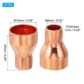 PATIKIL 15mm to 8mm ID Copper Reducer, 6pcs 99.9% Pure Copper Reducing Coupling Pressure Fitting Pipe Tube Connector Adapter with Sweat Solder Connection for HVAC Refrigeration System
