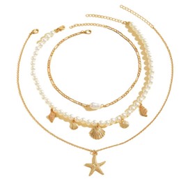 3Pcs Layered Starfish Necklaces, Boho Shell Pearl Necklace Gold Starfish Necklace, Beach Jewelry for Women Girls