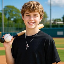 WINFY Baseball Cross Necklace for Boys Men Inspirational Christian Bible Verse Cross Pendant Stainless Steel Chain 20+2 inch Baseball Jewelry Religious Gift for Men(Silver-4：13)