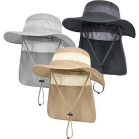 3 Pack Mens UPF 50+ Wide Brim Sun Hat with Neck Flap for Fishing Hiking Garden (3 Pack Dark Grey＆Light Grey＆Khaki)