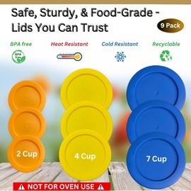 Klare Ware 2, 4 & 7 Cup Replacement Lids/Covers for Pyrex, Anchor Hocking & KlareWare Storage Bowls *Lids Only - Glass Container Not Included* (9 Pack *Three of Each Size*, Orange, Yellow, Blue)