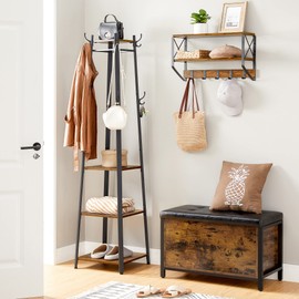 VASAGLE Coat Rack, Coat Stand with 3 Shelves, Hall Tree Free Standing with Hooks for Scarves, Bags, Umbrellas, Steel Frame, Industrial Style, for Entryway, Living Room, Rustic Brown and Black ULCR80X