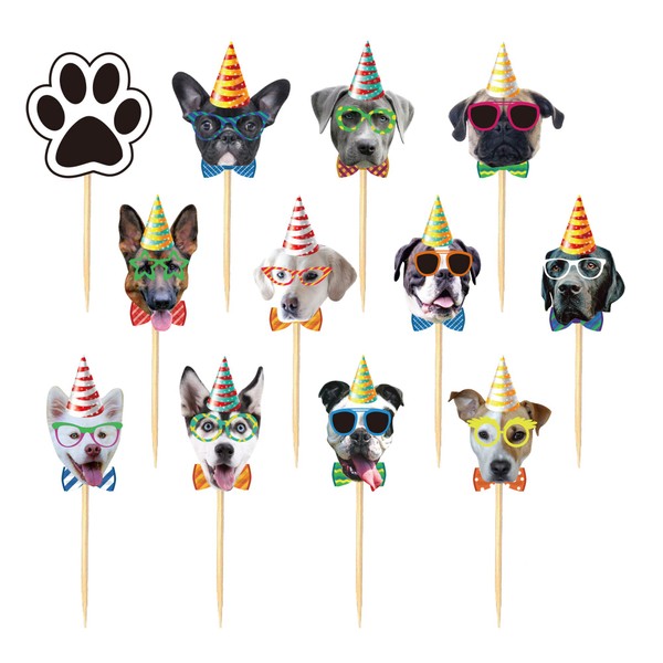 24PCS Dog Cupcake Toppers, Dogs Face Cake Toppers, Puppy Pet Theme Birthday Party Decorations Supplies for Kids