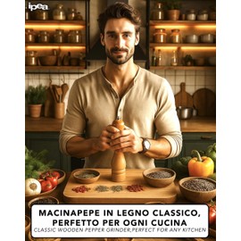 IPEA Macinapepe Manuale in Legno per Pepe, Peperoncino e Sale - [ DESIGN CLASSICO ] - Macina Pepe Classico da Cucina con Smerigliatrice in Metallo per Macinare Spezie, Cumino, Sesamo, Paprika