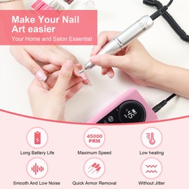 Electric Nail Drill Machine 45000RPM Rechargeable Portable DIY Nail File Electric Nail Drill Kit with Smart LCD Screen for Gel Nail Manicure and Pedicure Reflective Body etc(PINK)