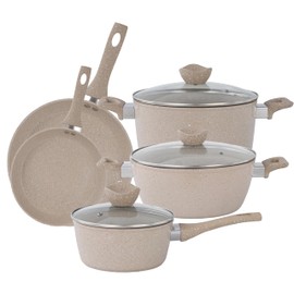 Lorren Home Trends Nonstick Cookware Set, Beige Speckled, 6-Piece with Glass Lids, 9.5 and 12 Inch Fry Pans, 6 Qt Stock Pot, 5 Qt Casserole, 1.6 Qt Sauce Pot, Dishwasher Safe