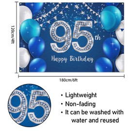 HAMIGAR 6x4ft Happy 95th Birthday Banner Backdrop - 95 Years Old Birthday Decorations Party Supplies for Women Men - Blue Silver
