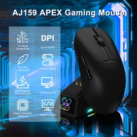 AJAZZ AJ159 APEX 8K Wireless Gaming Mouse, Magnetic Charging Dock with TFT Screen, Pixart PAW3950 Sensor, Up to 42K DPI, 56g Ultralight, 100M Clicks HUANO Switch, Tri-Mode Mice, for PC/MAC (Black)