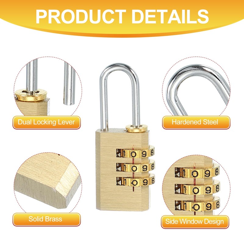 PATIKIL Brass Combination Lock 2.1", 3 Digit Resettable Combination Padlock