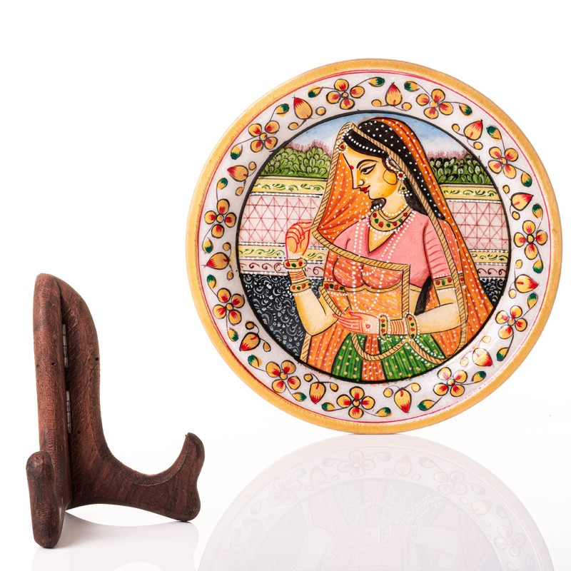 Marble Decorative Plate Traditional Indian Handpainted Round Shape Showpiece Pottery