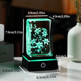 Crystal 3D Lily Bouquet Figurine Gifts for Women Wife Laser Engraved Flowers Keepsake with LED Base for Birthday Mother's Day, Glass Floral Ornaments for Her Grandma Christmas