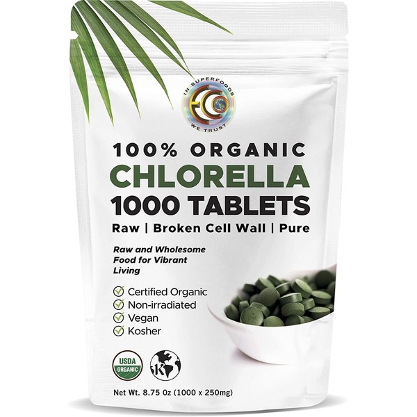 Earth Circle Organics Premium Chlorella - 1000 Tablets | USDA Organic | Kosher | Highest Potency, Pure Chlorella raw superfood, Cracked Cell Wall | High in Protein, no additives or fillers