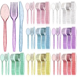 Zhehao 405 Pcs Hard Plastic Utensils Plastic Silverware Set Cutlery Set Disposable Flatware Dinnerware Forks 135 Spoons and Knives Birthday Wedding Party Dinner(Glitter,Rainbow Colors)