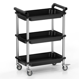 ONCUPID Cart Heavy Duty 3-Shelf Rolling Utility/Push Cart with Lockable Wheels, Black, for Foodservice, Restaurant, Cleaning, Restaurant, Kitchen, Office, Plastic Push Cart