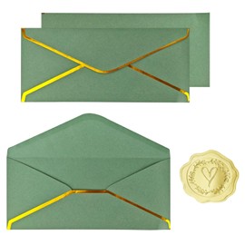 30 Pack #10 Business Envelopes with Gold Border and Stickers, 9.49x4.13 Inch Self Seal Standard Envelopes for Office, Letters, Checks, Invoices, Documents (Sage Green)