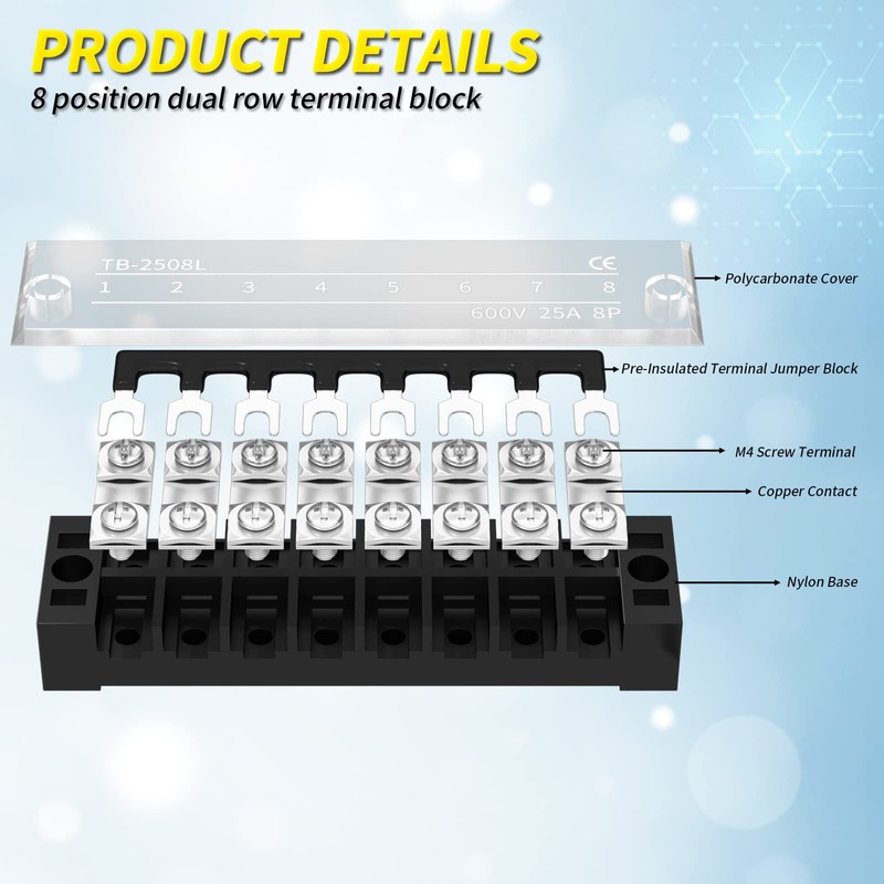 Joinfworld 8 Position Terminal Block 25A 600V Dual Row Screw