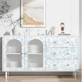 KUKANTST Wallpaper Blue White Peel and Stick Flower Leaf Contact Paper for Bedroom Bathroom Cabinets and Drawers Self-Adhesive Removable Waterproof Boho Stripe Vinyl 17.3"x118"