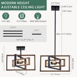 Avzkcy Black Chandelier, 3-Light Farmhouse Rectangular Ceiling Lighting Fixtures, 16" Faux-Wood Metal Pendant Light Height Adjustable for Foyer, Entryway, Kitchen, Dining Room