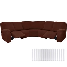 Peryiter 7 Pcs L Shape Sectional Recliner Sofa Covers 5 Seat Sectional Couch Covers Milk Silk Velvet Stretch Reclining Sofa Slipcover Furniture Protector for Living Room(Coffee Brown,Milk Silk)