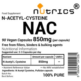 Nutrics® NAC 850mg (per Capsule) N Acetyl Cysteine 90 V Capsules - 100% Pure - Free from fillers Binders & Bulking Agents - N Acetyl L CYSTEINE (90)