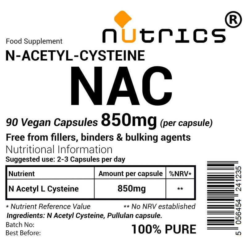 Nutrics® NAC 850mg (per Capsule) N Acetyl Cysteine 90 V