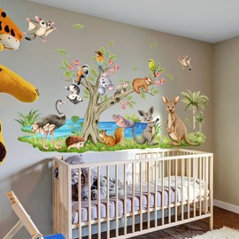 Mirabuy Forest Animals Wall Decals, Nursery Wall Sticker Set with Tree and Wildlife for Kids Bedroom Nursery, 64x36 inches