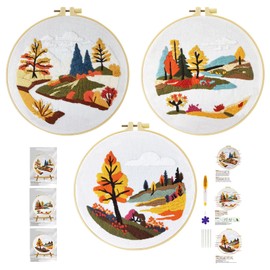 Xinpinzhou 3 Pcs Streamside Landscape Embroidery Kit, Beginning Easy Stamped Funny Hand Embroidery Patterns Starter Kits Set for Beginners Adults Bordado with Cloth, Thread, Needle, Hoop, Scissors